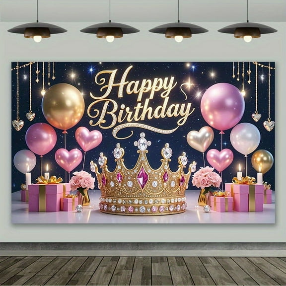 Princess Birthday Party, Polyester, Dark Blue with Golden "Happy Birthday" Crown Design, Pink & Golden Balloons, Hearts - Ideal for Birthday Celebrations, Birthday Party Decorations