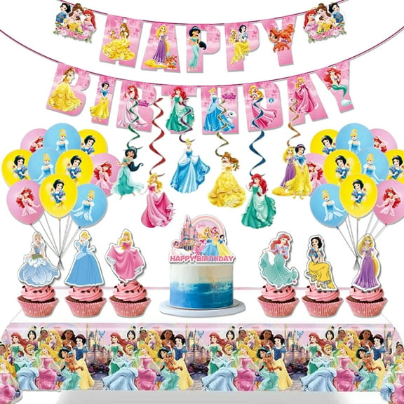 Princess Birthday Party Supplies for Girls, Princess Party Decorations Including Banner, Balloons, Tablecloth, Hanging Swirls, Cake Toppers for Girls Birthday Decoration