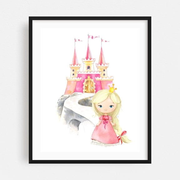 Princess, Blonde Hair, Castle, Crown, Girl Nursery - Illustration Watercolor Fantasy Whimsical Black Framed Wall Art Print 18 x 24 inches