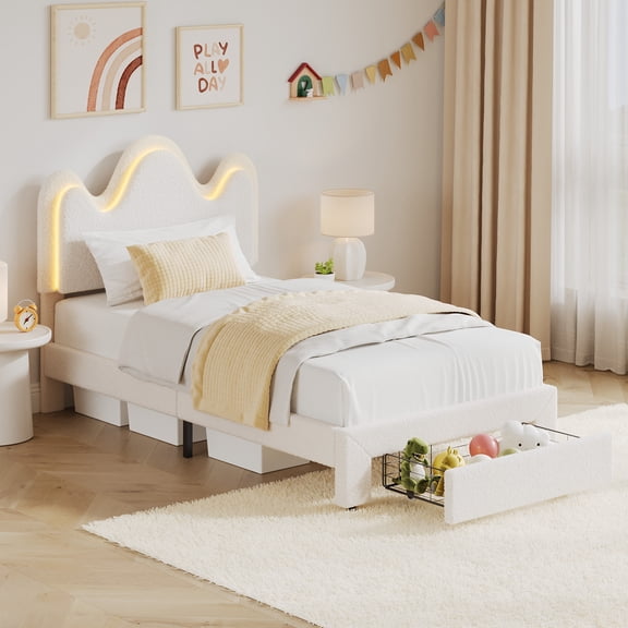 Princess Boucle Upholstered Bed Frame with LED Lights & Storage Drawer – Adjustable Headboard, Wood Slats, No Box Spring Needed – TWIN / FULL / QUEEN, Pink / White