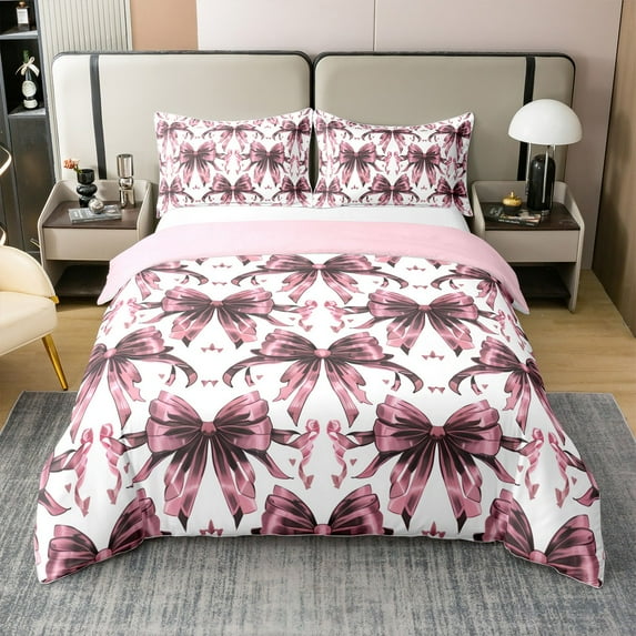 Princess Bowknot 100% Cotton Duvet Cover,Romantic Pink Ribbon Bow Super Soft Comforter Cover(No Filler),Dreamy Bow-tie Patchwork 3Pcs Bedding Set,Full Size