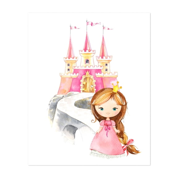 Princess, Brown Hair, Castle, Crown, Girl Nursery - Illustration Watercolor Fantasy Whimsical Unframed Wall Art Print 36 x 48 inches