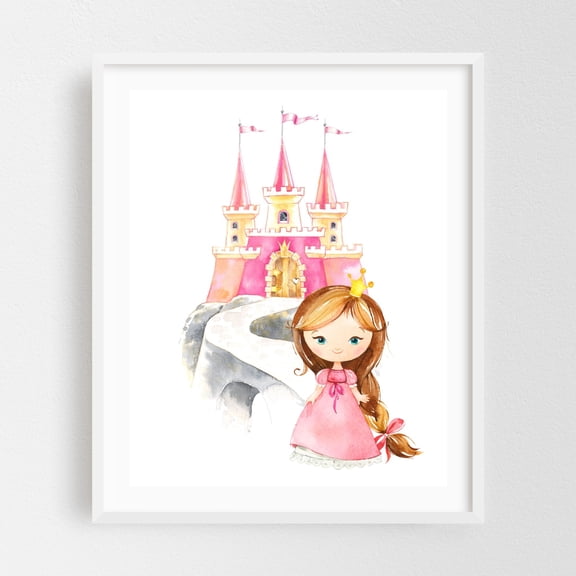 Princess, Brown Hair, Castle, Crown, Girl Nursery - Illustration Watercolor Fantasy Whimsical White Framed Wall Art Print 9 x 12 inches