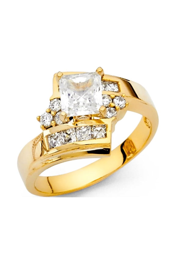 Princess CZ Engagement Ring 14k Yellow Gold Anniversary Square CZ Curved Band Side Stones Size 9
