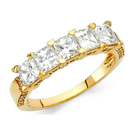 Princess CZ Hearts Wedding Band 14k Yellow Gold Bridal Square CZ Band Anniversary CZ Love Ring Size 5.5