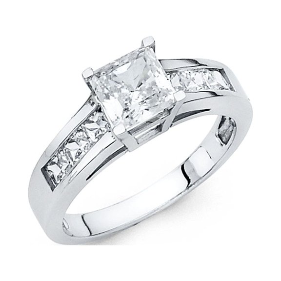 Princess CZ Solitaire Engagement Ring 14k White Gold Anniversary Square CZ Band Side Stones Size 8