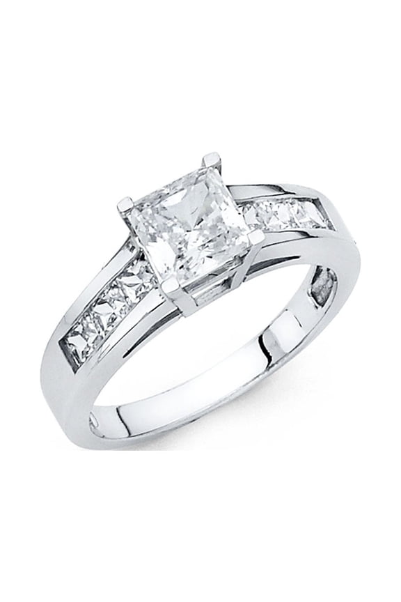 Princess CZ Solitaire Engagement Ring 14k White Gold Anniversary Square CZ Band Side Stones Size 8
