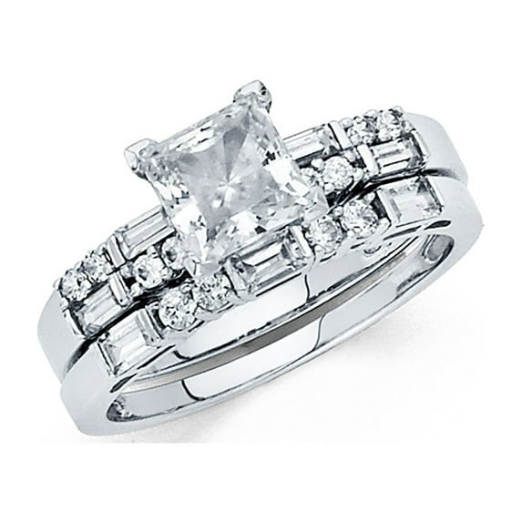 Princess CZ Solitaire Engagement Ring & Wedding Band 14k White Gold Bridal Rings Set Side Stones Size 5.5