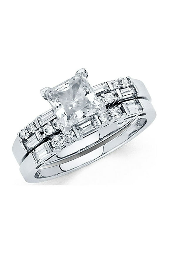 Princess CZ Solitaire Engagement Ring & Wedding Band 14k White Gold Bridal Rings Set Side Stones Size 9