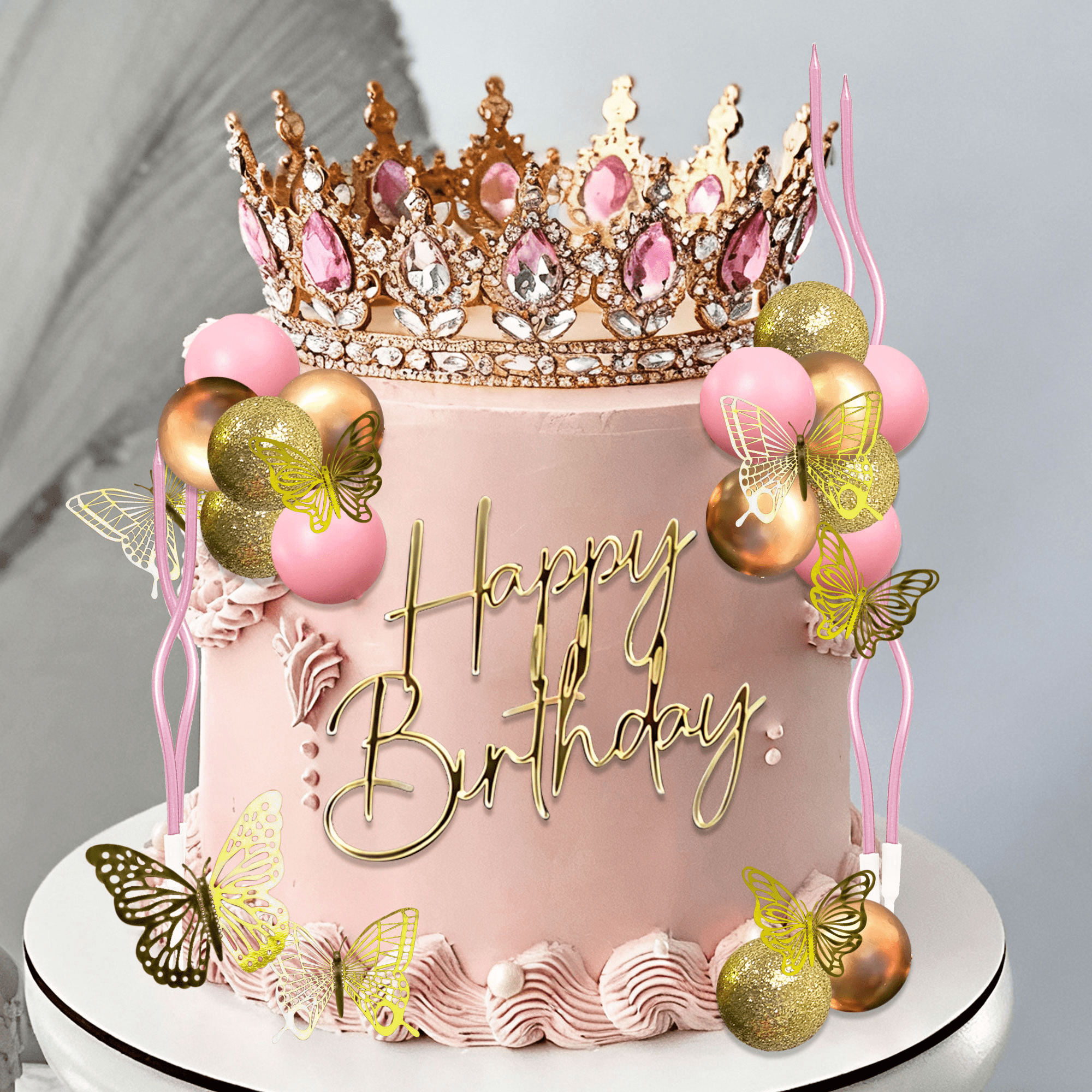 Princess Cake Decorations Set - Glamorous Crown & Pink Gold Accents for ...