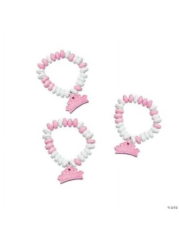 Princess Candy Bracelets with Charm (12 Pieces) Pink and White, Stretchable
