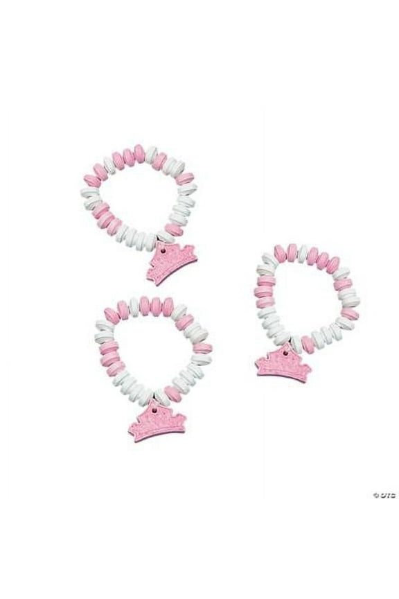 Princess Candy Bracelets with Charm (12 Pieces) Pink and White, Stretchable