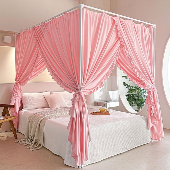 Princess Canopy Bed Curtains with Top Ties - Windproof & Lightproof for Girls' Adult Bedroom Decor | Bed Canopy Drapes (Queen,Pink)