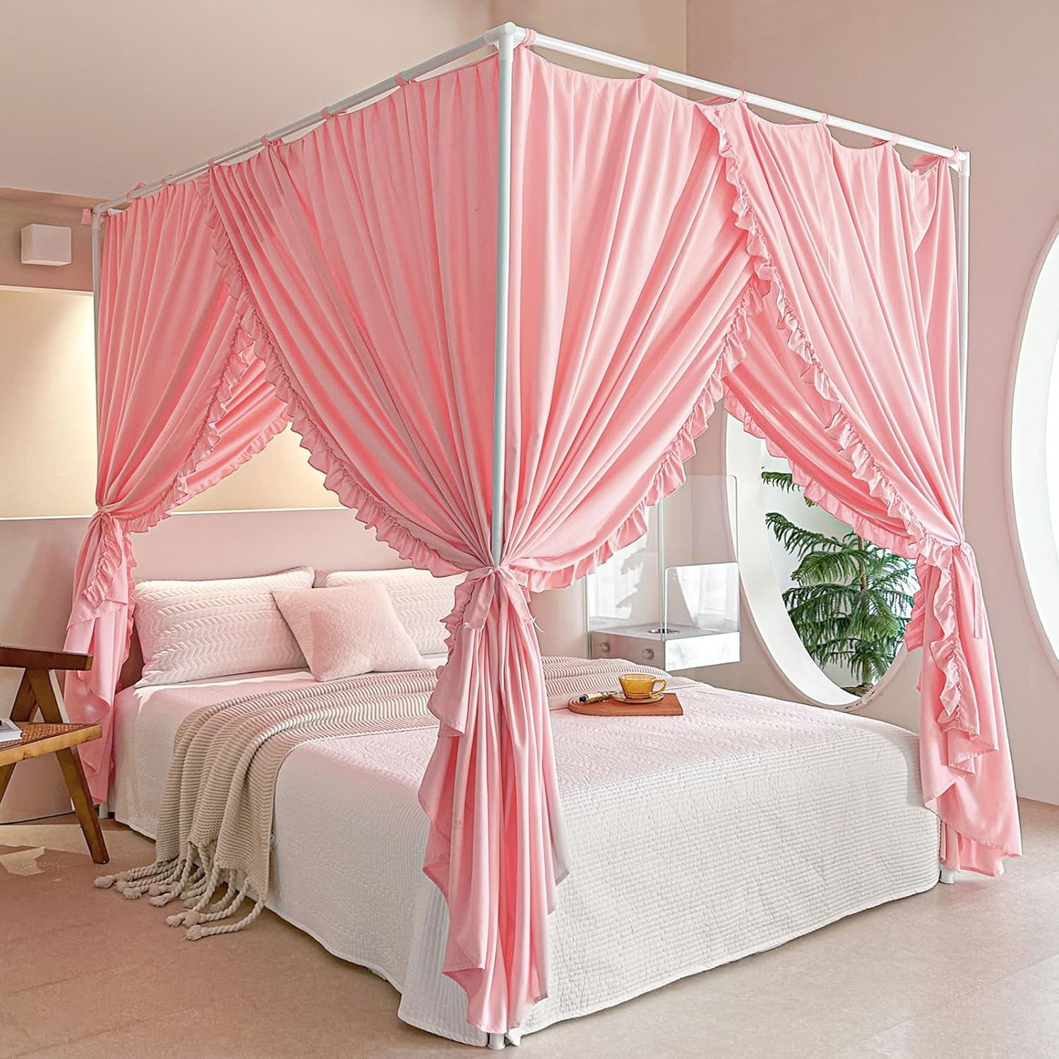 Princess Canopy Bed Curtains with Top Ties - Windproof & Lightproof for Girls' Adult Bedroom Decor | Bed Canopy Drapes (Twin,Pink)