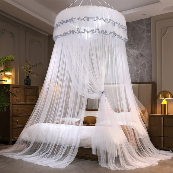Princess Canopy Bed Mosquito Net with Ceiling Hook, 47x106 Inch Dome Shape Folding Net for Single Double Bed, Romantic Lace Trim Bed Canopy Curtain