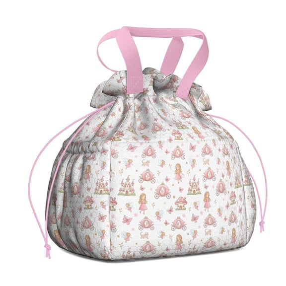 Princess Carriage Castle Pattern Drawstring Lunch Bag Women - Drawstring Lunch Bag Insulated for Work Office - Stain-Resistant Large Lunchbags for Women with Multi-Pockets