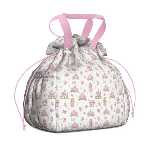 Princess Carriage Castle Pattern Drawstring Lunch Bag Women - Drawstring Lunch Bag Insulated for Work Office - Stain-Resistant Large Lunchbags for Women with Multi-Pockets