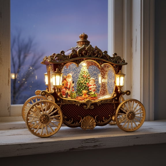 Princess Carriage Christmas Ornament, Retro Style, with Sound Effects and LED Lights, Built-in Santa Claus, Suitable for Christmas, Windowsills, Fireplace Mantels, Perfect Centerpiece Decoration