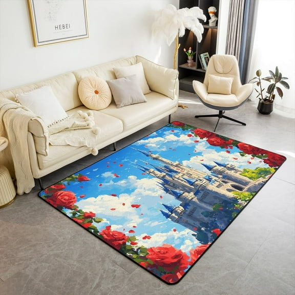 Princess Castle Area Rug,Romantic Red Roses Blooming Floral Kids Adults Rugs For Bedroom Playroom Bedside,Fairy Tale Theme Castle Fantasy Indoor Rug For Home Decor 4x5ft