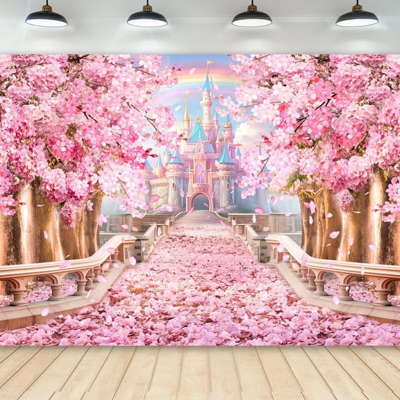 Princess Castle Backdrop 6Wx8H Photography Pink Sakura Floral Rainbow Flowers Fantasy Fairy Tale Wonderland Background Stairs Road Party Decorations Banner Photo Booth Props Supplies