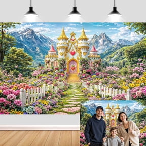 Princess Castle Backdrop 7x5ft, Enchanted Fairy Tale Photography Background, Floral Garden Forest Mountain Girls Birthday Wedding Party Decorations, Photo Booth Prop for Baby Shower & Kids Events