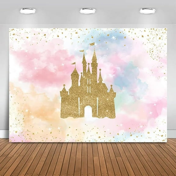 Princess Castle Birthday Backdrop Watercolor Pastel Rainbow Birthday Background Gold Glitter Party Cake Table Decoration Photo Booth Props (7x5ft)