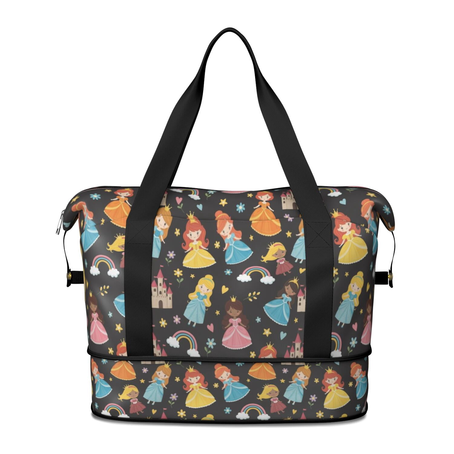 Wet Pattern Princess and Castle Black Pattern Expandable Travel Tote Bag, Overnight ...