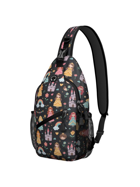 Princess and Castle Black Pattern Sling Backpack, Unisex Cycling Crossbody Bag with Side Mesh Pockets, Adjustable Ambidextrous Strap Gift Ideas for Travel Shopping Commuting