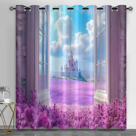 Princess Castle Blackout Curtains For Bedroom, Dream Lavender Curtains For Living Room, Cartoon 3D Castle Curtain, Grommet Drapes, Home Decor Darkening Window Drapes 42"W x 90"L (Pack of 2)