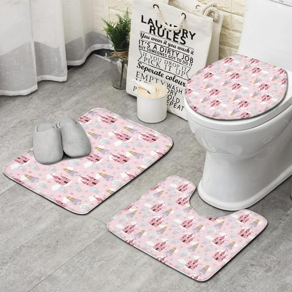 Princess Castle Cloud Pattern Bathroom Rugs Sets 3 Piece,Toilet Cover Set,Absorbent Non Slip Bathroom Mats Sets with U-Shaped Contour Rug Toilet Rug Set