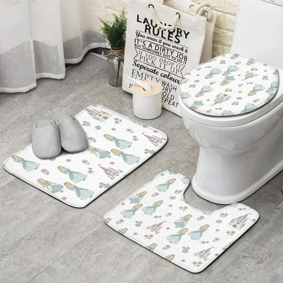 Princess Castle Flower Pattern Bathroom Rugs Sets 3 Piece,Toilet Cover Set,Absorbent Non Slip Bathroom Mats Sets with U-Shaped Contour Rug Toilet Rug Set