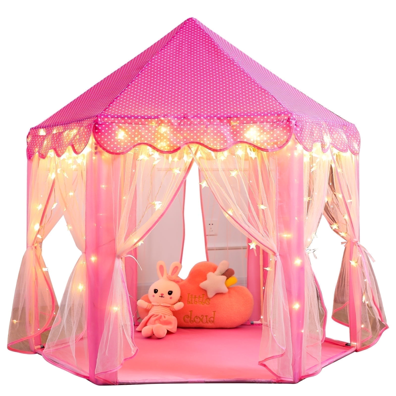 Wilwolfer Princess Castle Kids Play Tent Toys for 3-12 Years Indoor Girls Hexagon Playhouse with Star Lights
