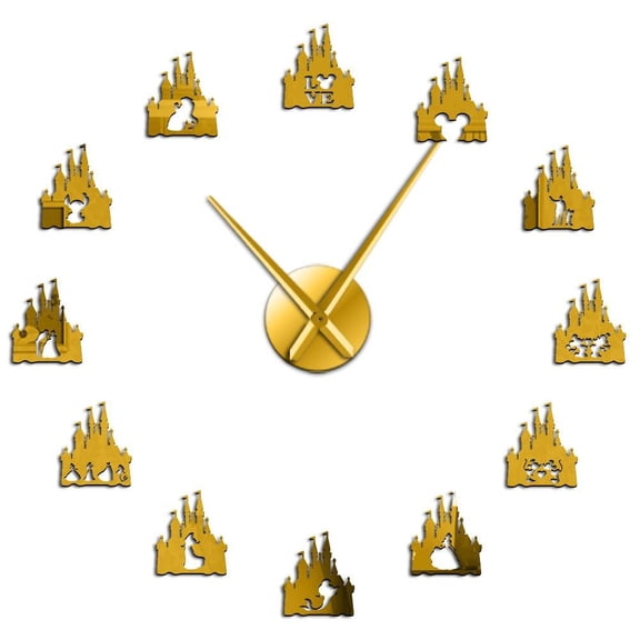 Princess Castle Mirror Surface Sticker DIY Wall Clock Girls Room Cartoon Style Wall Watch Fairy Acrylic Wall Art Clock Timepiece(Gold,27inch)