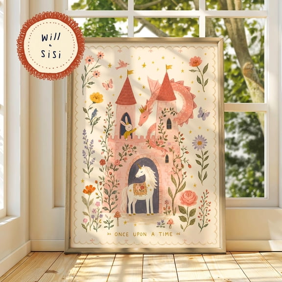 Princess Castle Nursery Print Girls Room Decor Fairytale Unicorn Wall Art Printed Once Upon A Time Kids Bedroom Artwork Fantasy Poster | 14, Poster Only
