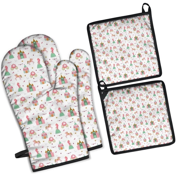 Princess Castle Pattern Kitchen Oven Mitt and Pot Holder Sets 2 Pcs for Baking, Cooking and Grilling, Heat Resistant Up To 392 °F