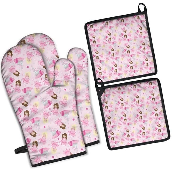 Princess Castle Pattern Kitchen Oven Mitt and Pot Holder Sets 2 Pcs for Baking, Cooking and Grilling, Heat Resistant Up To 392 °F