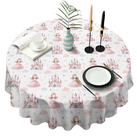 Princess Castle Pattern Round Tablecloth 60"x60",Wrinkle Wipeable Table Cloth for Kitchen Dining Room Picnic Patio Party
