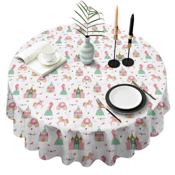 Princess Castle Pattern Round Tablecloth 60"x60",Wrinkle Wipeable Table Cloth for Kitchen Dining Room Picnic Patio Party