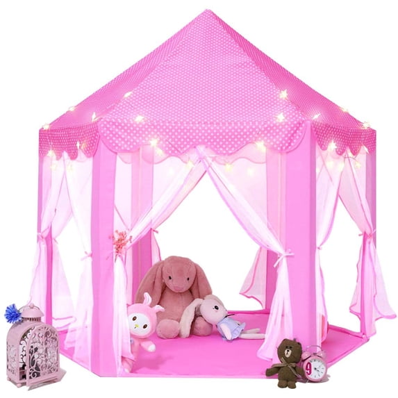 Princess Castle Play Tent Large Kids Play House with Star Lights Girls pink color