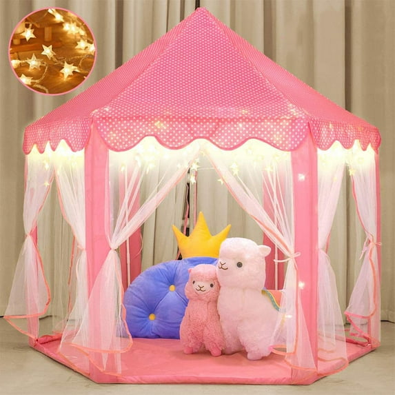 Princess Castle Play Tent for Girls Indoor Outdoor, Hexagon Pink Large Kids Play House with Star Lights