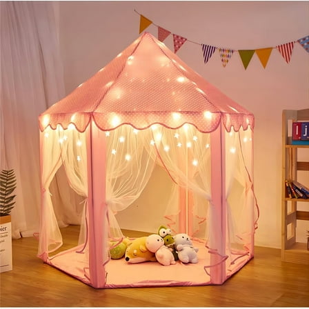 Princess Castle Play Tent with LED Star Lights,Large Size 55" x 53" Pink Hexagon Playhouses Kids Tent Indoor Outdoor Games for Toddlers 2-8 Years Old