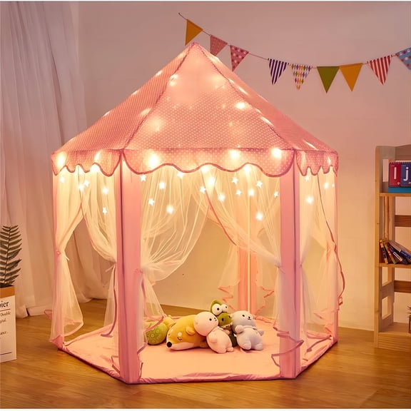 KEYAHAPPY Princess Castle Play Tent with LED Star Lights,Large Size 55" x 53" Pink Hexagon Playhouses Kids Tent Indoor Outdoor Games for Toddlers 2-8 Years Old