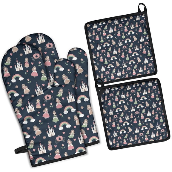 Princess Castle Rainbow Pattern Kitchen Oven Mitt and Pot Holder Sets 2 Pcs for Baking, Cooking and Grilling, Heat Resistant Up To 392 °F