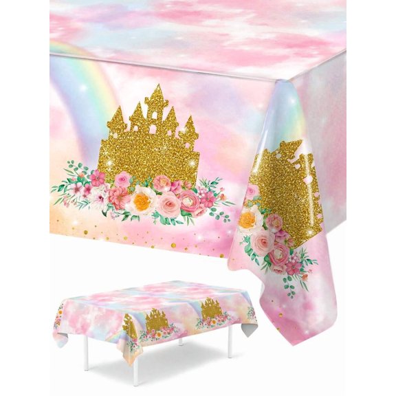 Princess Castle Theme Tablecloth With Glitter Gold Castle And Floral Print