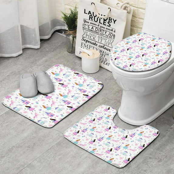 Princess Castle & Unicorn Pattern Bathroom Rugs Sets 3 Piece,Toilet Cover Set,Absorbent Non Slip Bathroom Mats Sets with U-Shaped Contour Rug Toilet Rug Set