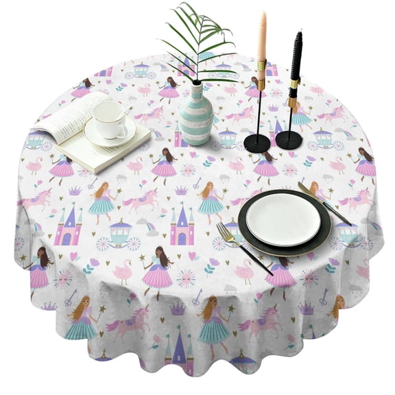 Princess Castle & Unicorn Pattern Round Tablecloth 60"x60",Wrinkle Wipeable Table Cloth for Kitchen Dining Room Picnic Patio Party