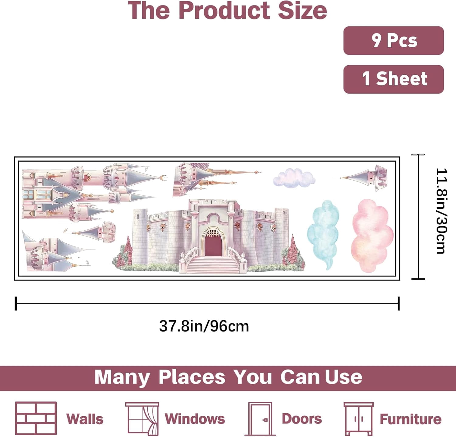 Princess Castle Wall Decals Watercolor Cloud Fairy Castle Wall Sticker ...