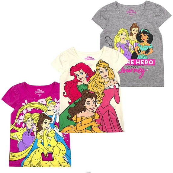 Princess Cinderella, Belle and Rapunzel Girls 3 Pack Character Short Sleeve Tees, Toddler