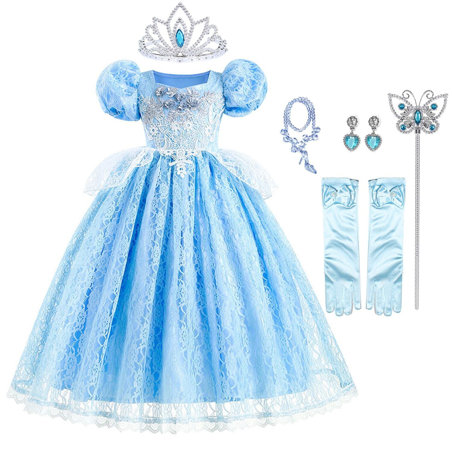 LED Light-Up Princess Cinderella Costume For Girls - 4-Layer Mesh Dress With Full Accessories