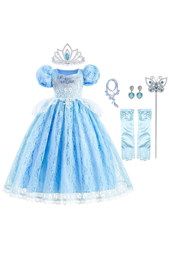 Princess Cinderella Dress Costume for Girls Puff Sleeve Fancy Birthday Party Cosplay Dress up